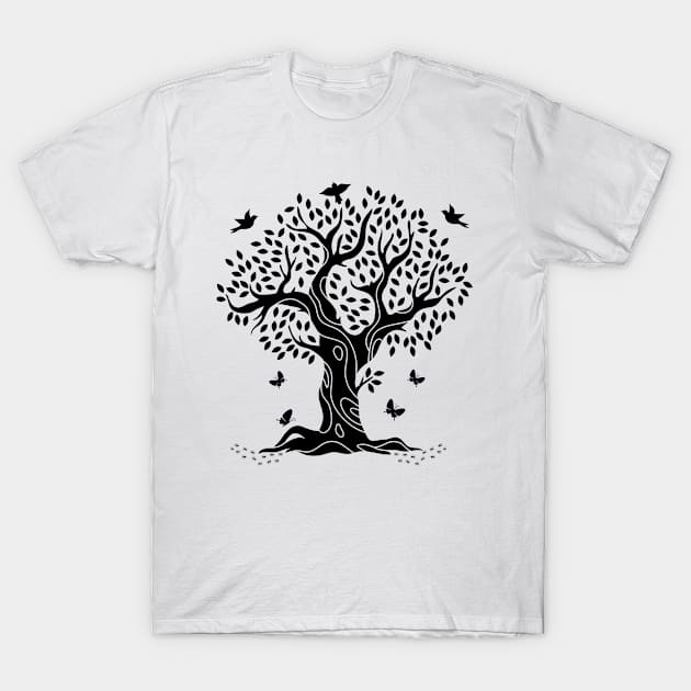 "Symphonie Naturelle : Danse des Papillons et Chant des Oiseaux dans l'Arbre Noueux" T-Shirt by Zinoo